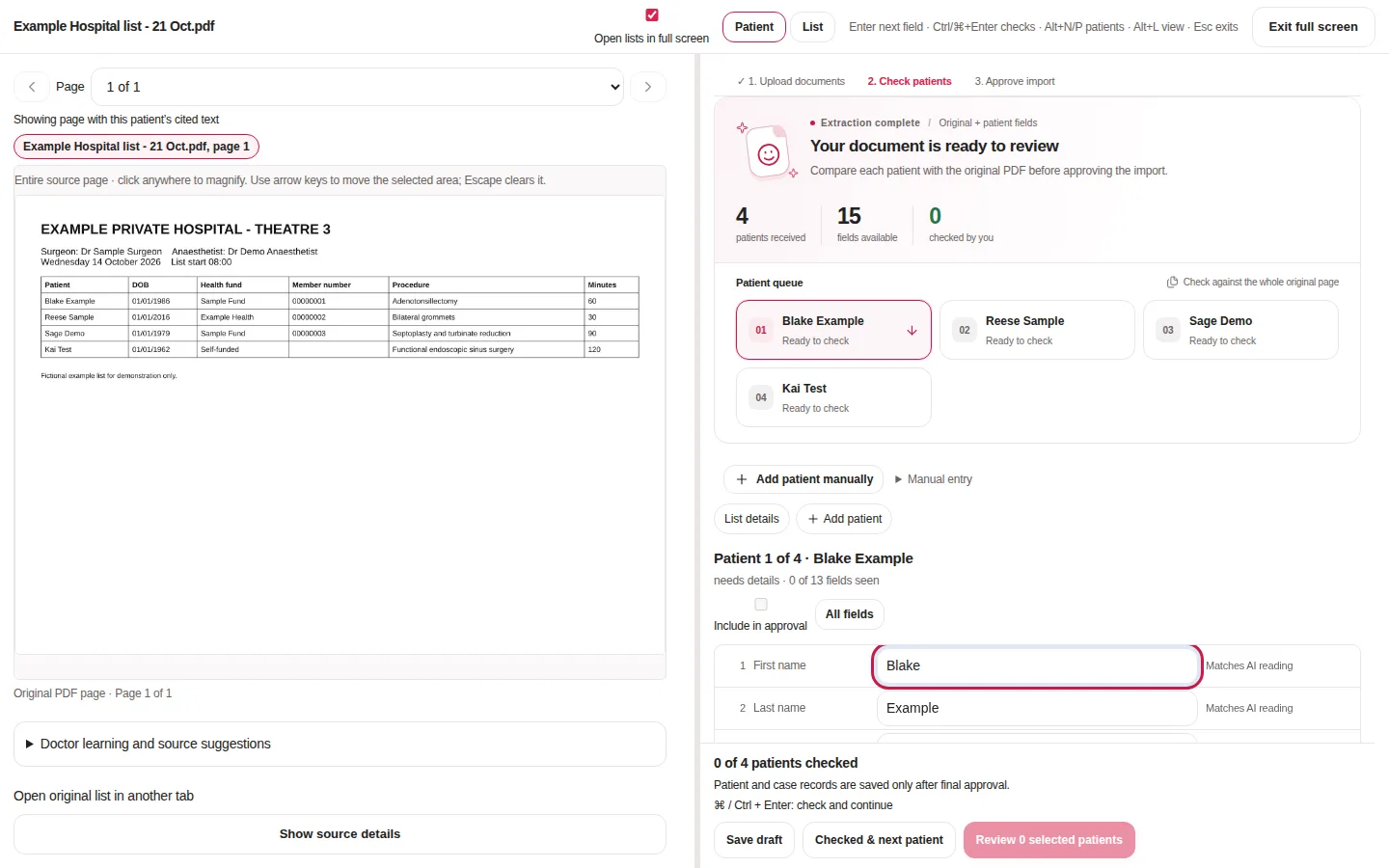 Checking patients from a theatre list beside the original PDF page, with each patient in a queue